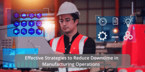 Technician monitoring a digital dashboard beside automated factory equipment, showcasing efforts to reduce production downtime in a smart manufacturing setup.